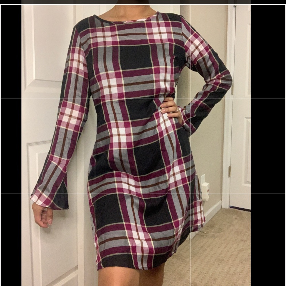 Dress: Black & purple plaid dress from LOFT